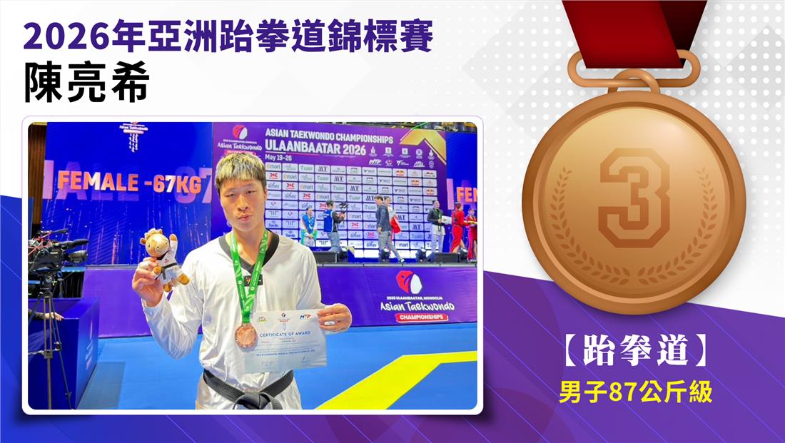 陳亮希選手榮獲2026年亞洲跆拳道錦標賽男子-87公斤級銅牌