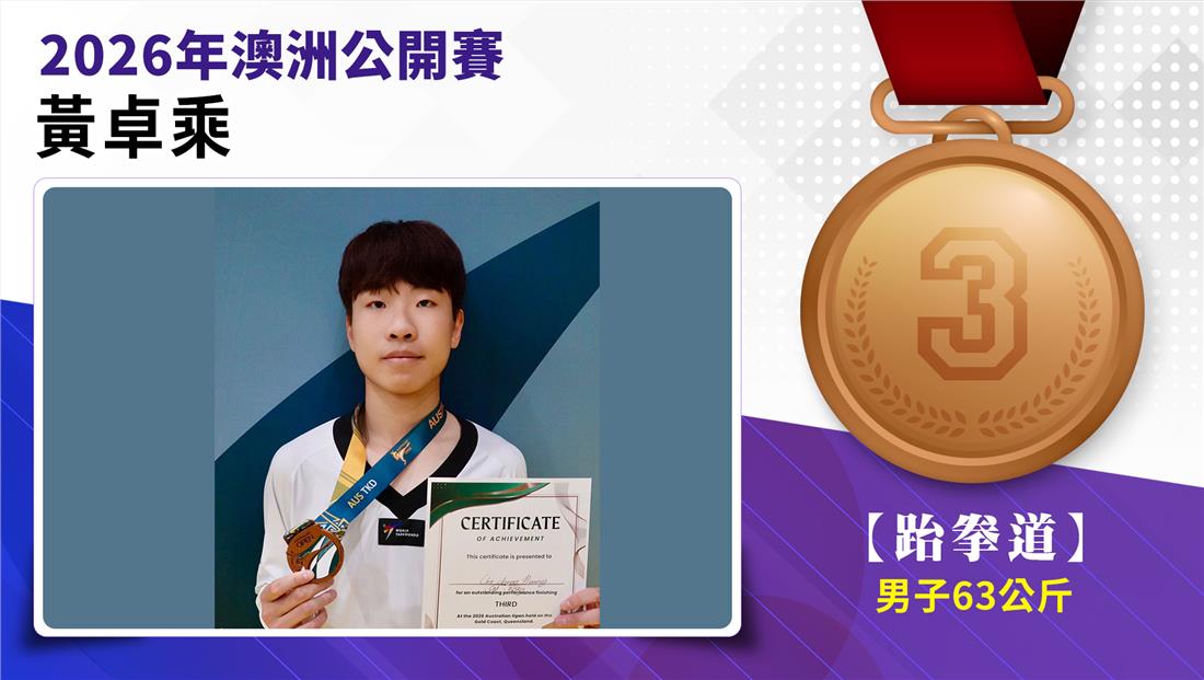 黃卓乘選手榮獲2026年澳洲公開賽男子-63公斤級銅牌